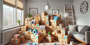 A home during the moving process, featuring neatly packed moving boxes, labeled with colored tape for different rooms