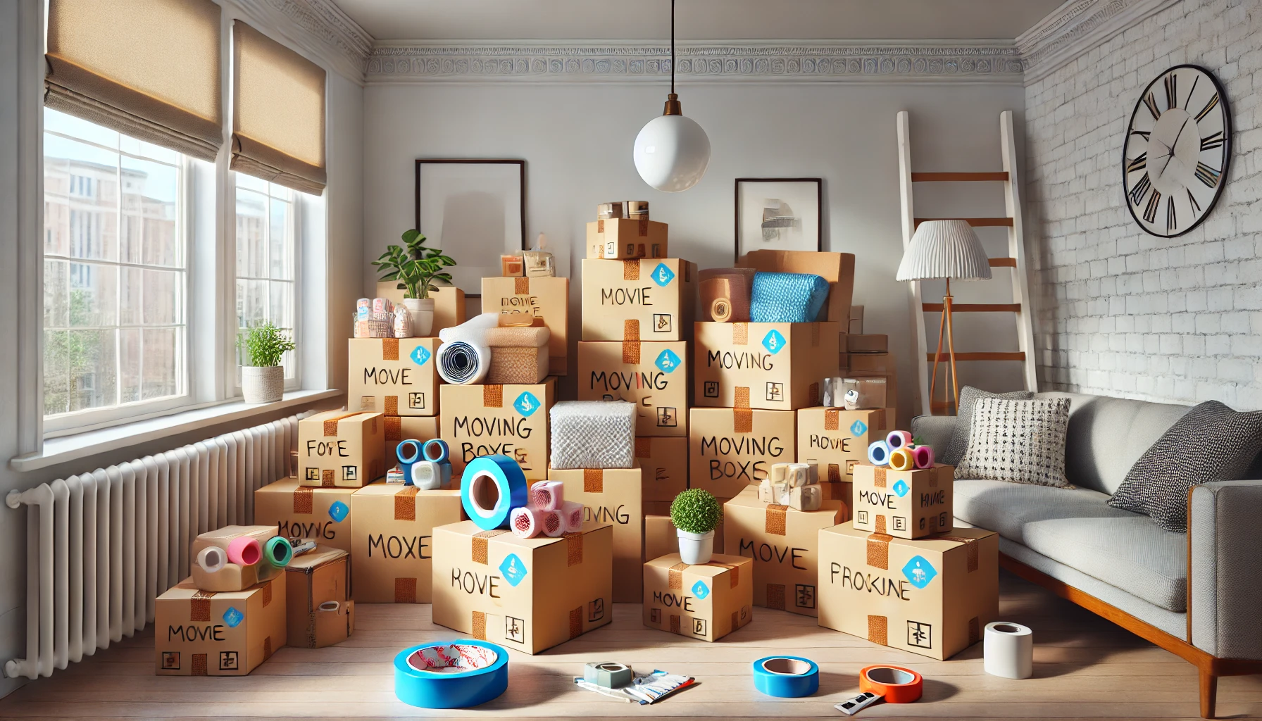 A home during the moving process, featuring neatly packed moving boxes, labeled with colored tape for different rooms