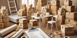 A moving day scene. Boxes labeled with room names are neatly stacked, surrounded by packing materials like bubble wrap and tape.