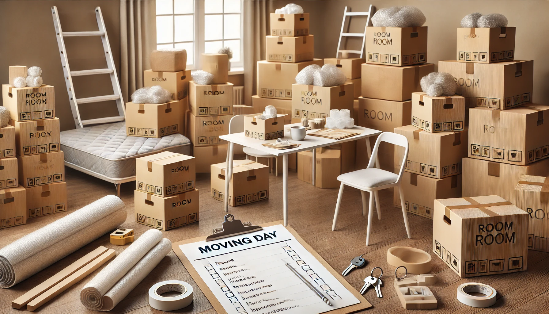 A moving day scene. Boxes labeled with room names are neatly stacked, surrounded by packing materials like bubble wrap and tape.