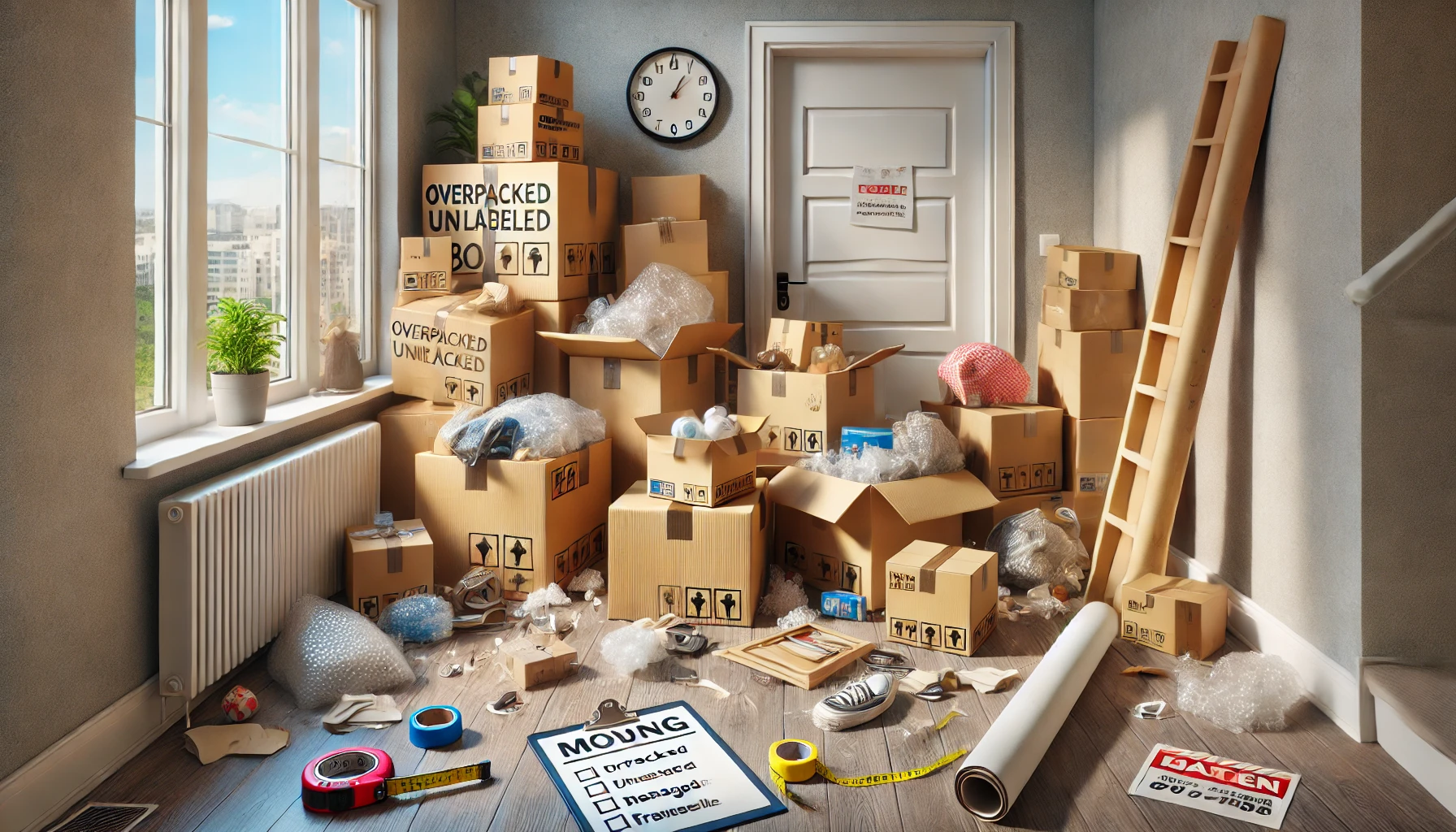 A cluttered space with overpacked and unlabeled boxes, damaged fragile items, and a misplaced moving checklist.