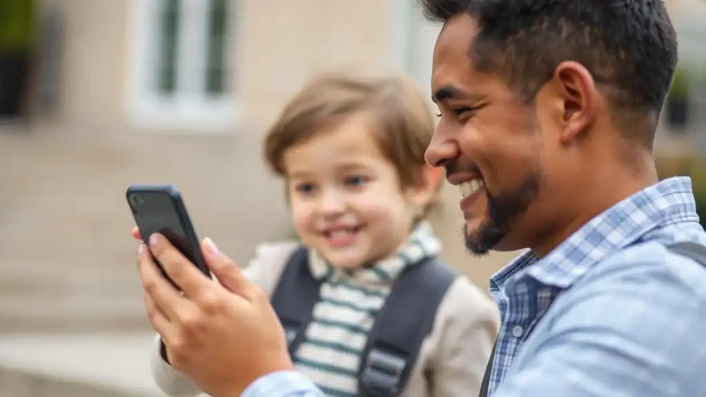 A smiling parent using a phone to monitor their child's location for safety.