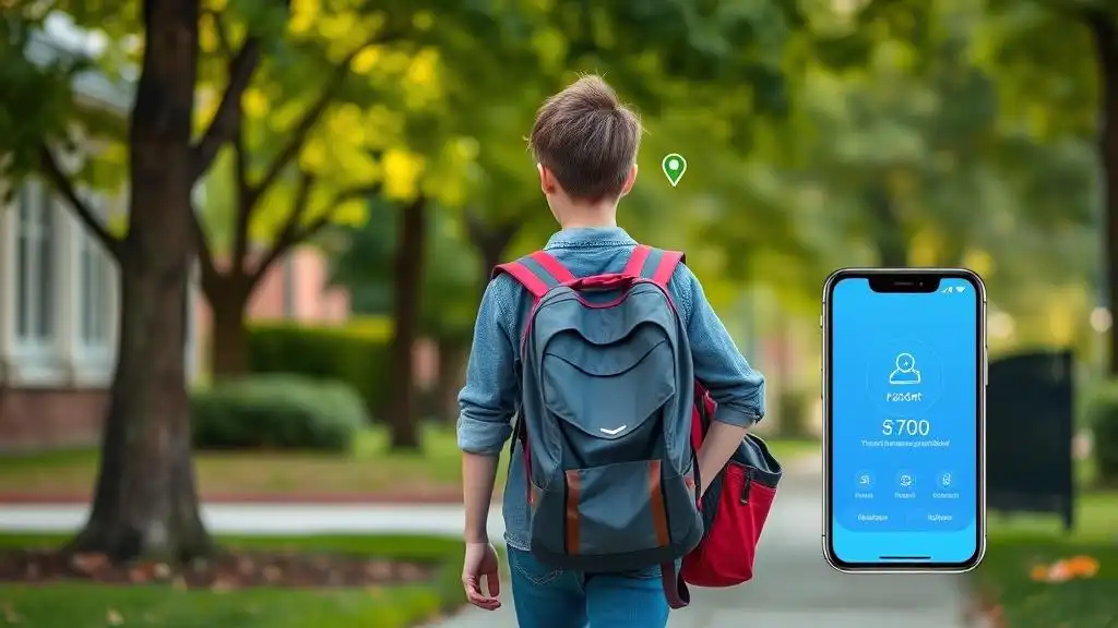 A teenager walking to school with location tracking enabled for parent monitoring.