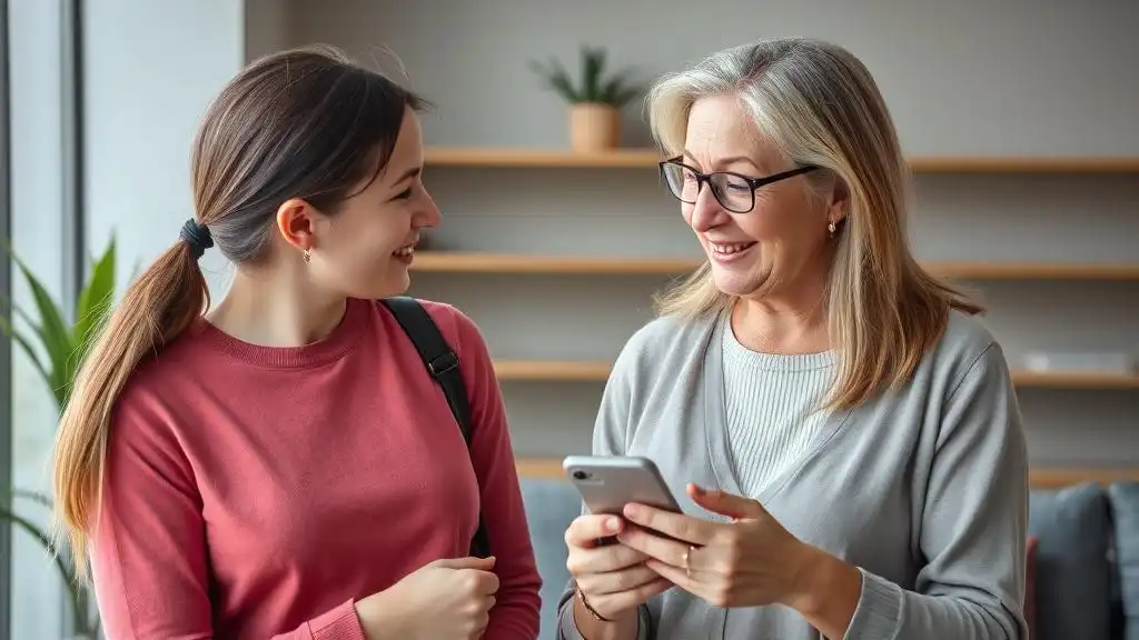 A middle-aged woman talking to her teenage daughter and holding a smartphone in her hands