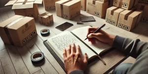  A person seated at a table, writing in a list of items to check before moving. Surrounding the person are neatly labeled cardboard boxes with prepared things.