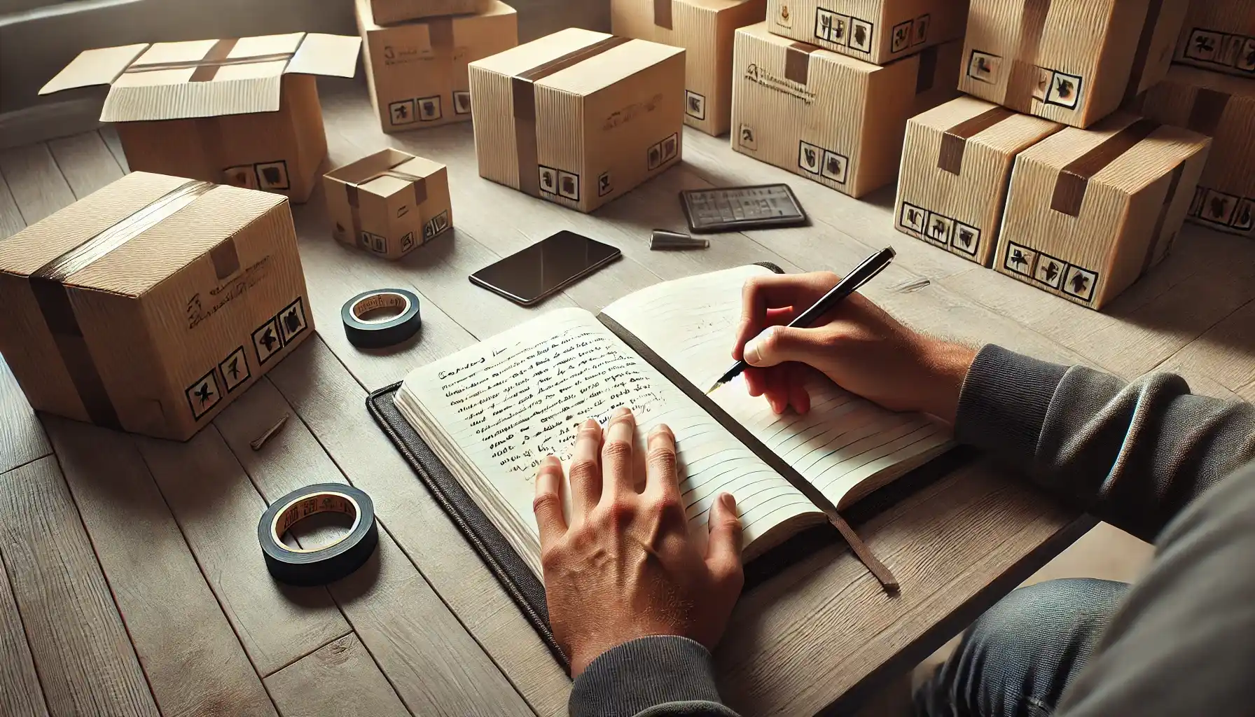  A person seated at a table, writing in a list of items to check before moving. Surrounding the person are neatly labeled cardboard boxes with prepared things.