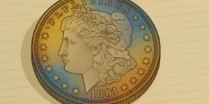 A Morgan dollar with rainbow natural toning.