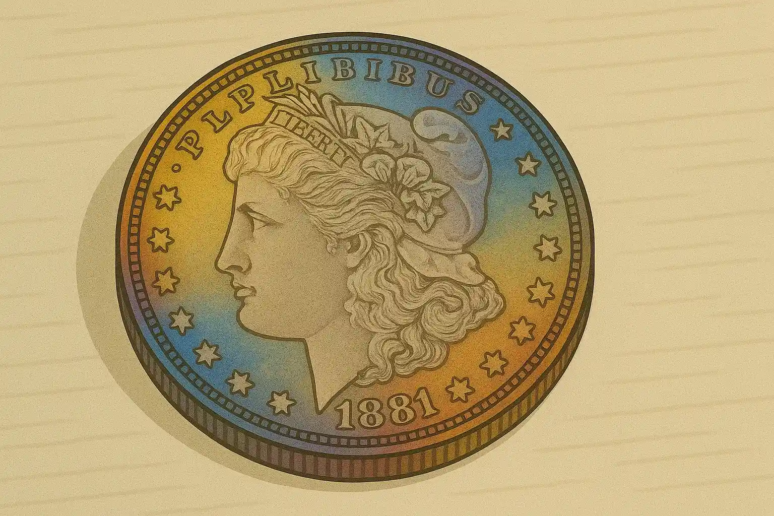 A Morgan dollar with rainbow natural toning.