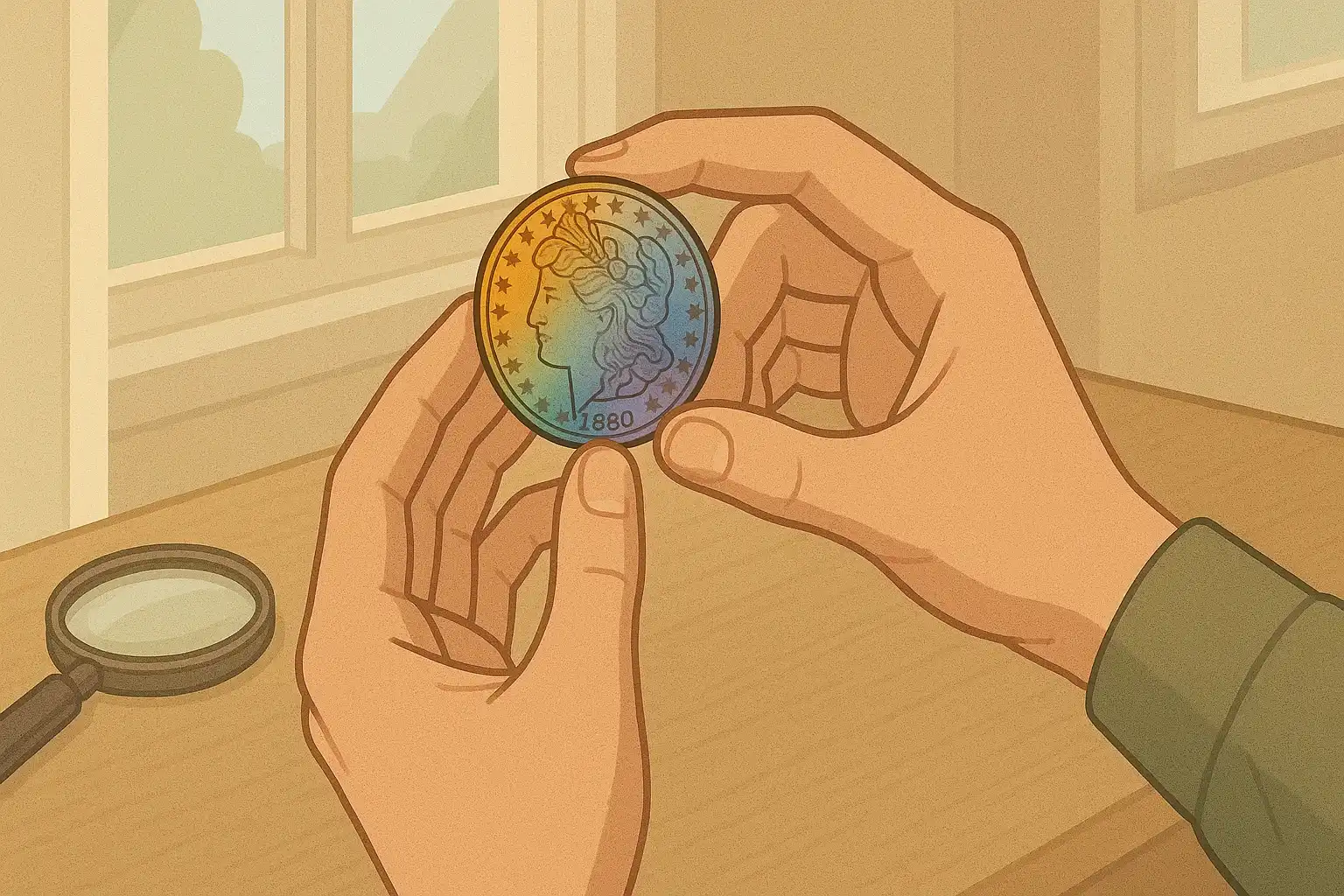 A collector holds a Morgan dollar with natural rainbow toning.